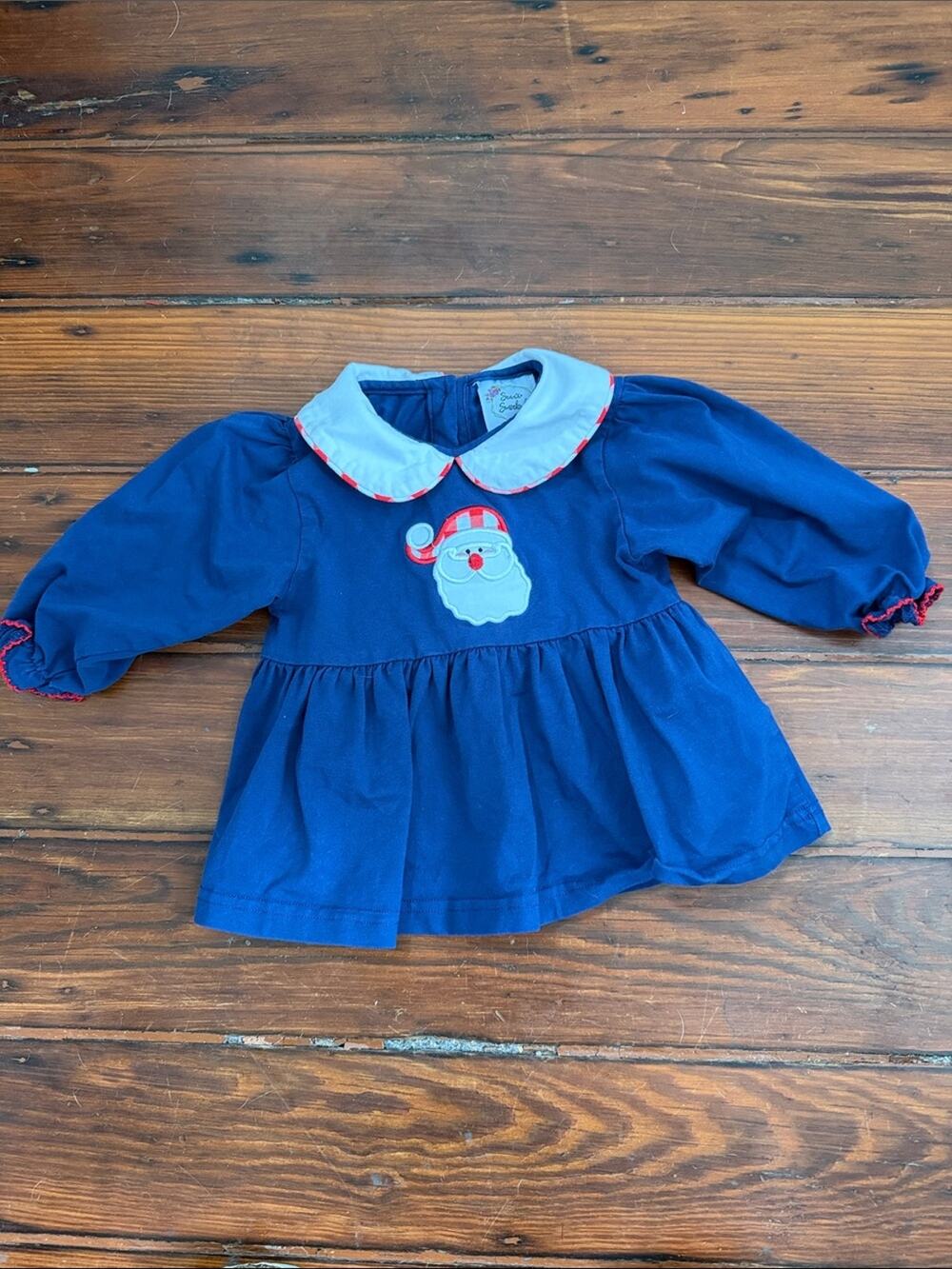 Seaux Smocked Santa Clause Christmas holiday long sleeve collared peplum top 12m